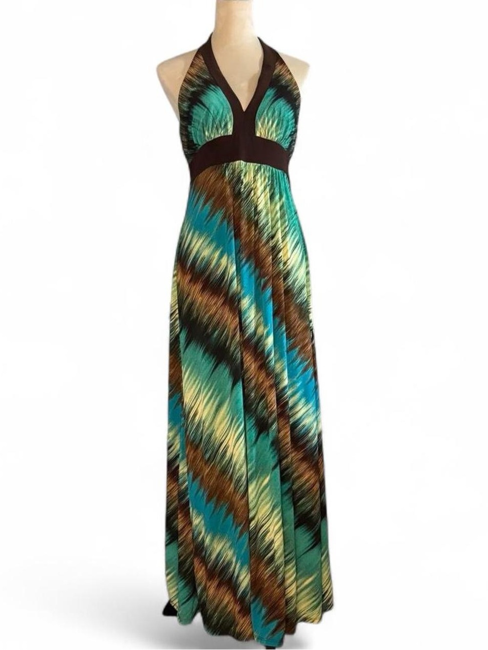 Bisou Bisou teal brown abstract chevron halter maxi dress 14 - y2k boho resort